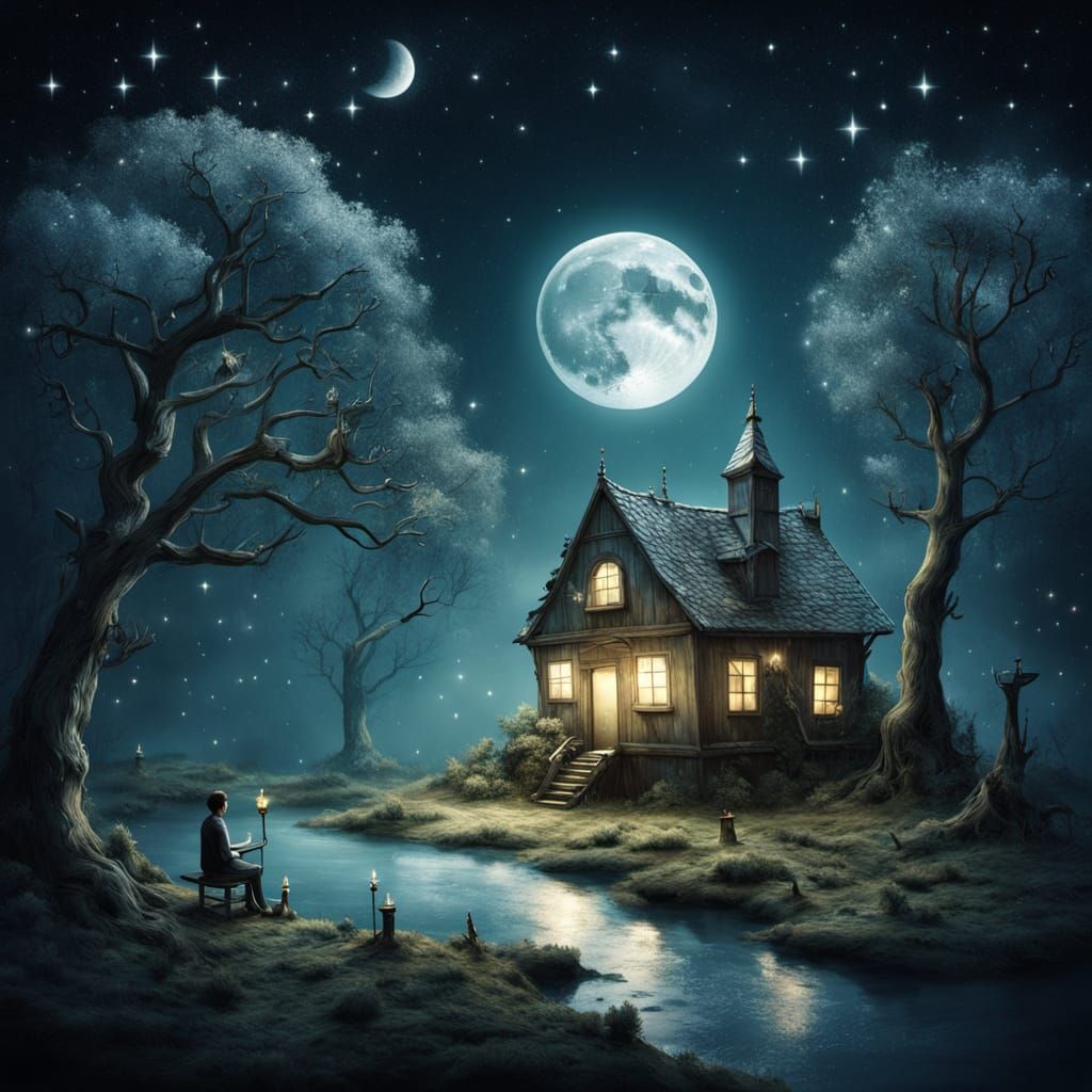 Surreal Moon Forest Village in Double Exposure Style