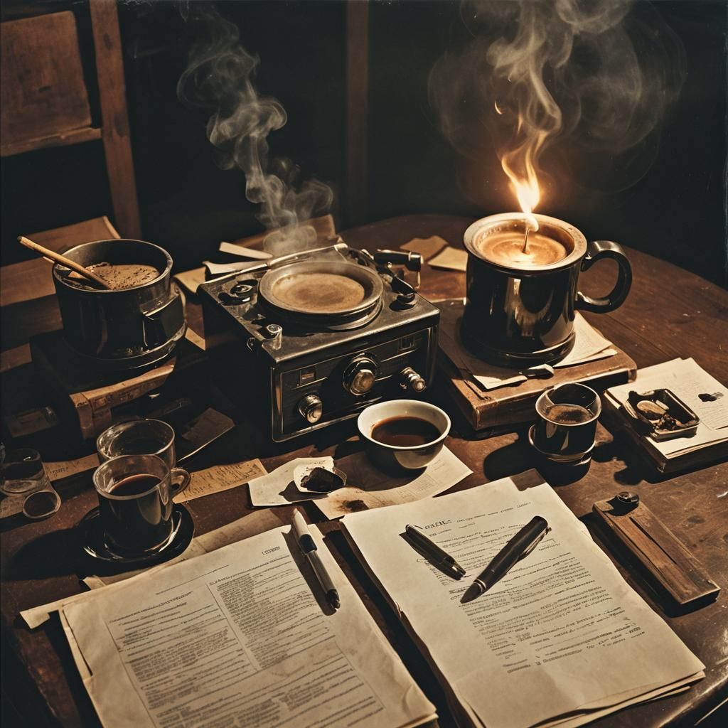 Moody Noir Study with Steaming Coffee and Cigarettes
