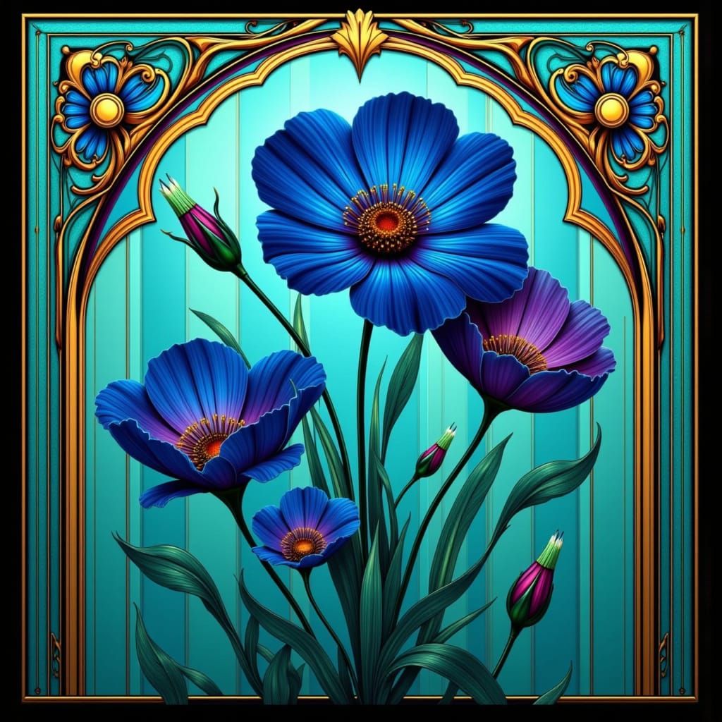 Art Nouveau Floral Painting with Turquoise and Violet Hues