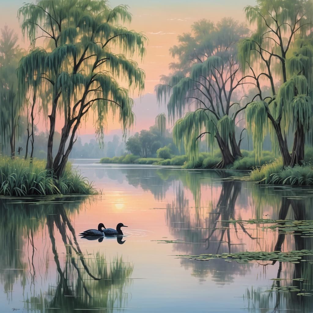 Pastel Lake With Loons and Weeping Willows