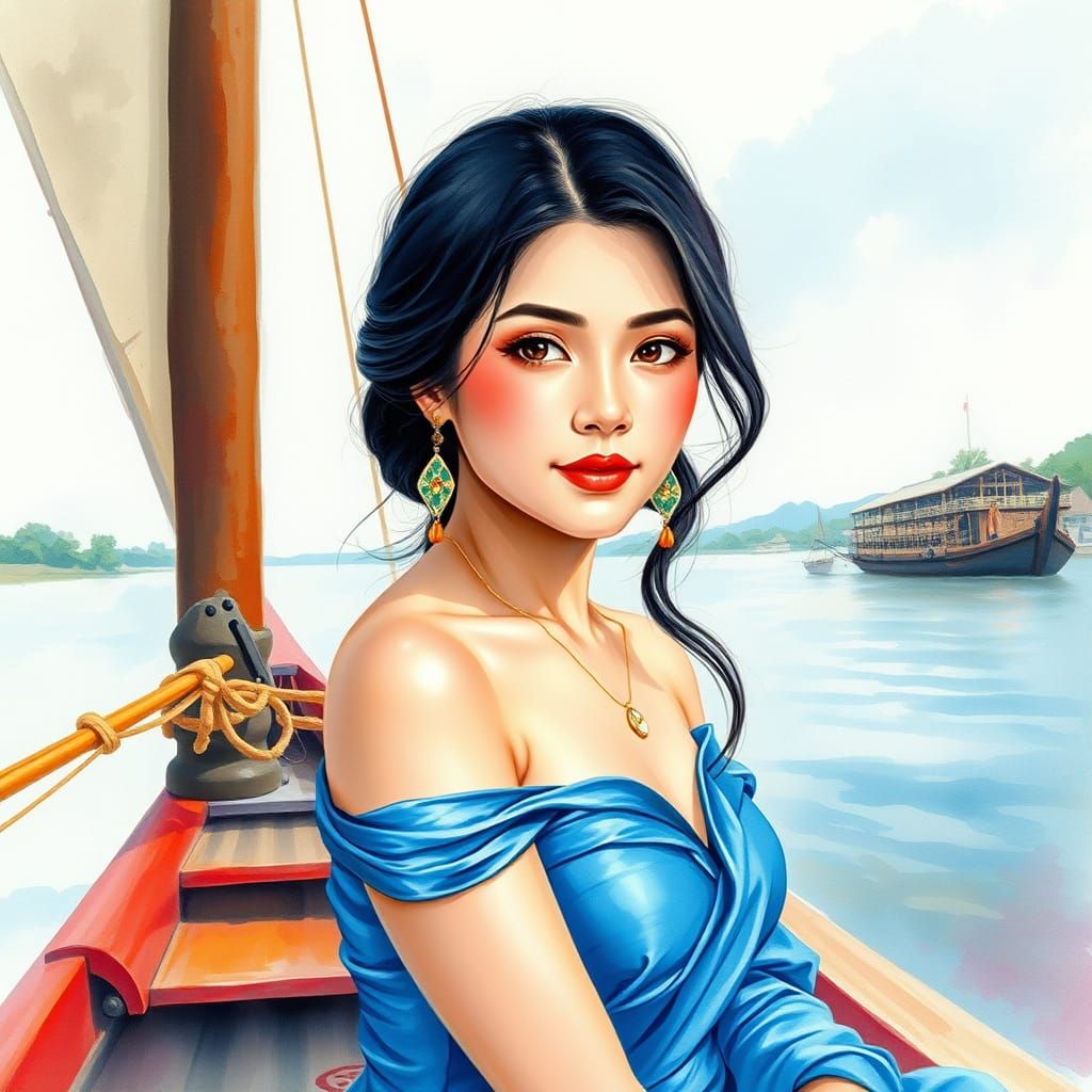 Romantic Vietnamese Watercolor Portrait on a Sailing Dhow
