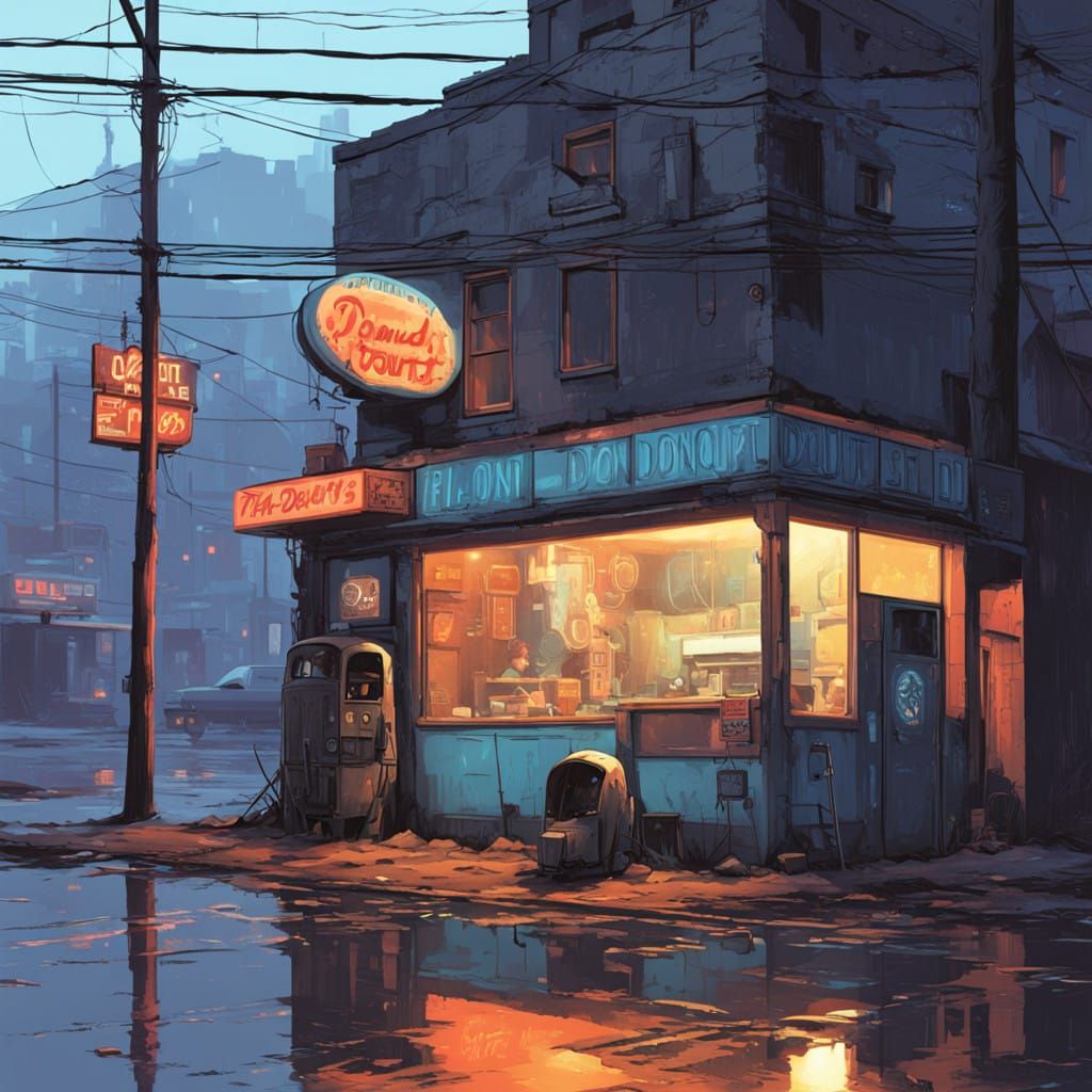 Rustic Robot Panda Outside Retro-Futuristic Donut Shop