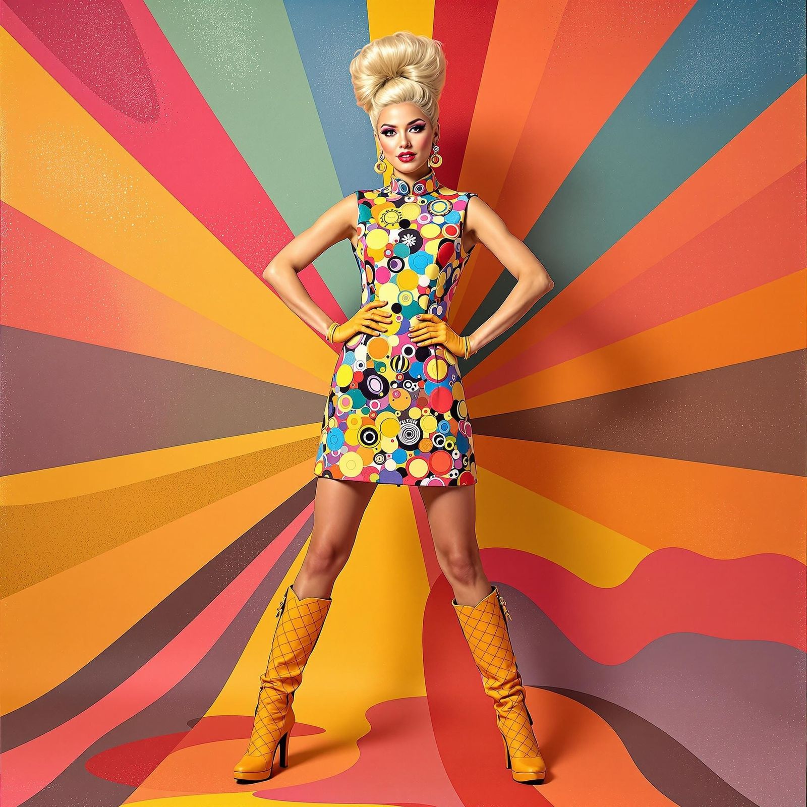 Vibrant Mod Girl Strikes a Whimsical Pose in Psychedelic Won...