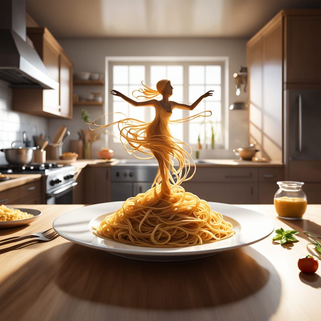 Dancing Spaghetti: Hyperrealistic 3D Render in Kitchen
