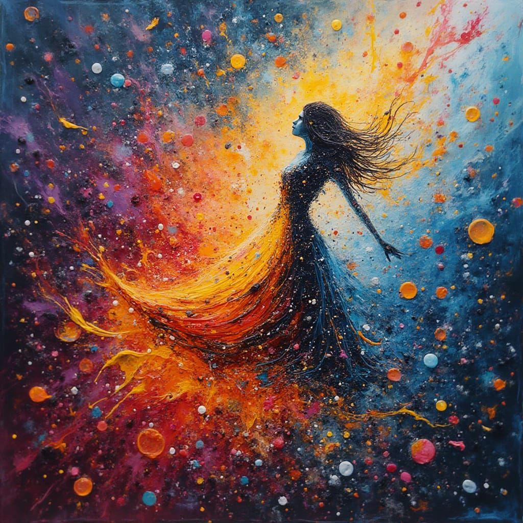 Vibrant Cosmic Dance with Energetic Paint Splatters