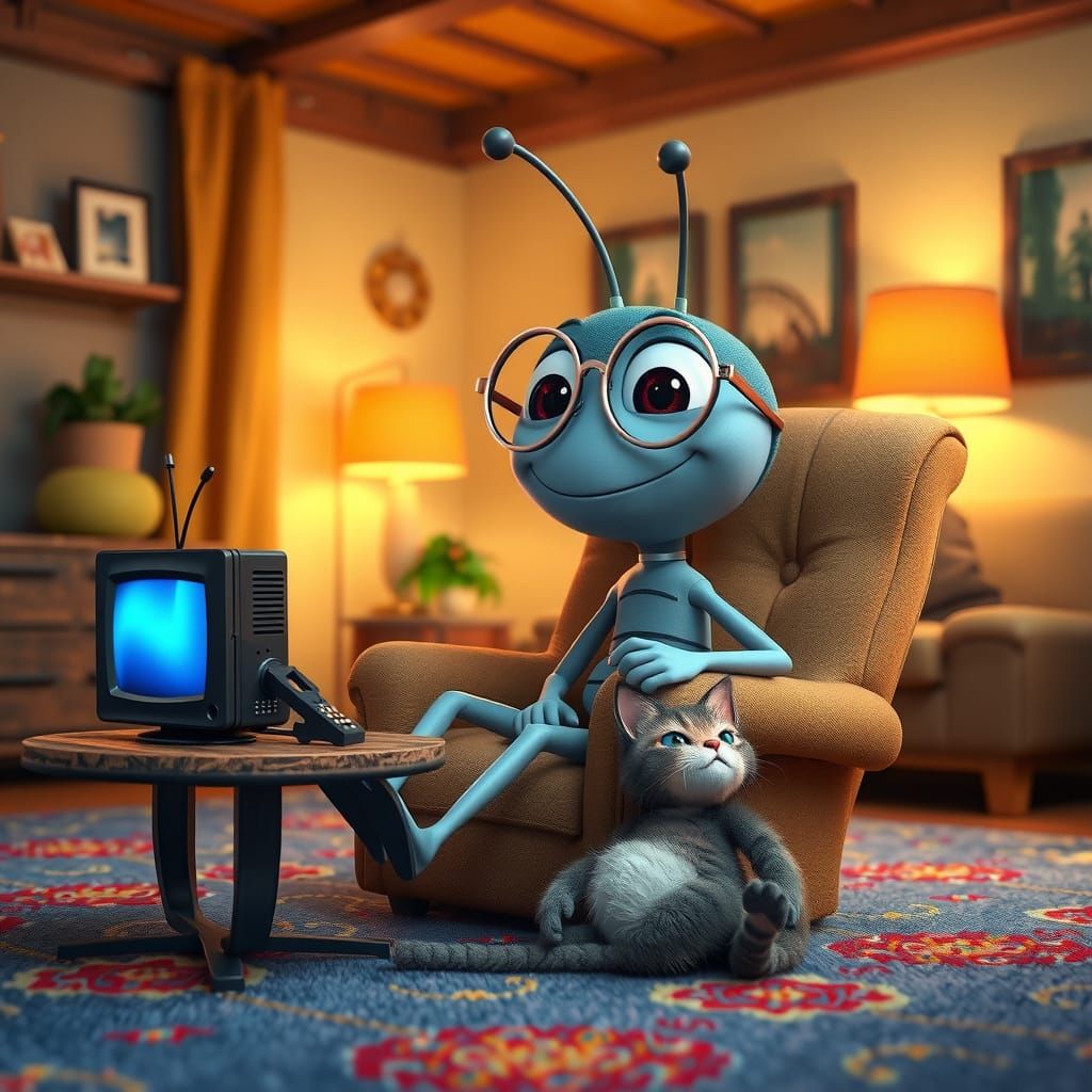 Pixar-Style 3D Cartoon Bug in Cozy Living Room