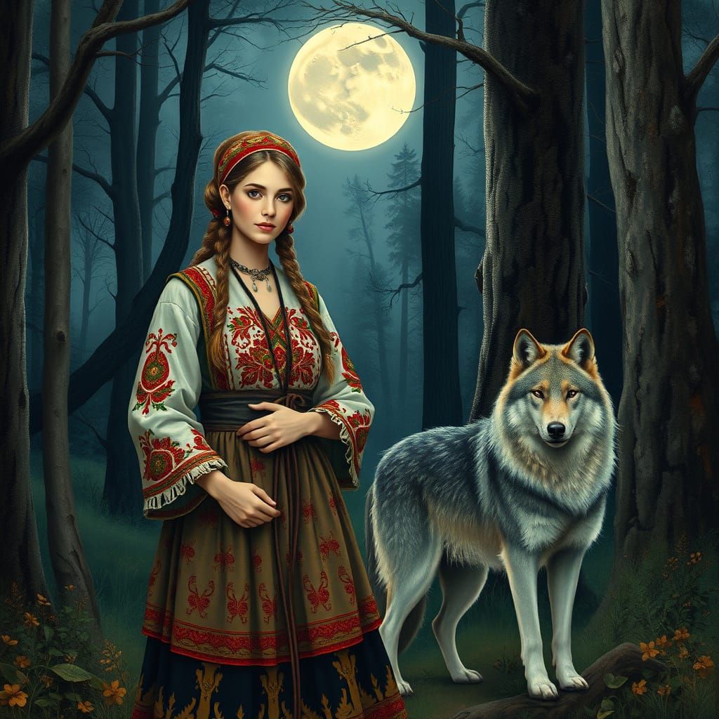 Slavic Goddess in Whimsical Moonlit Forest