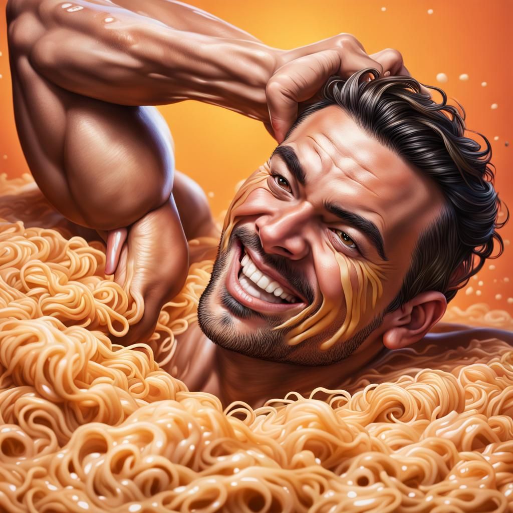 Handsome Man Covered in Ramen: Hyperrealistic Splash Art