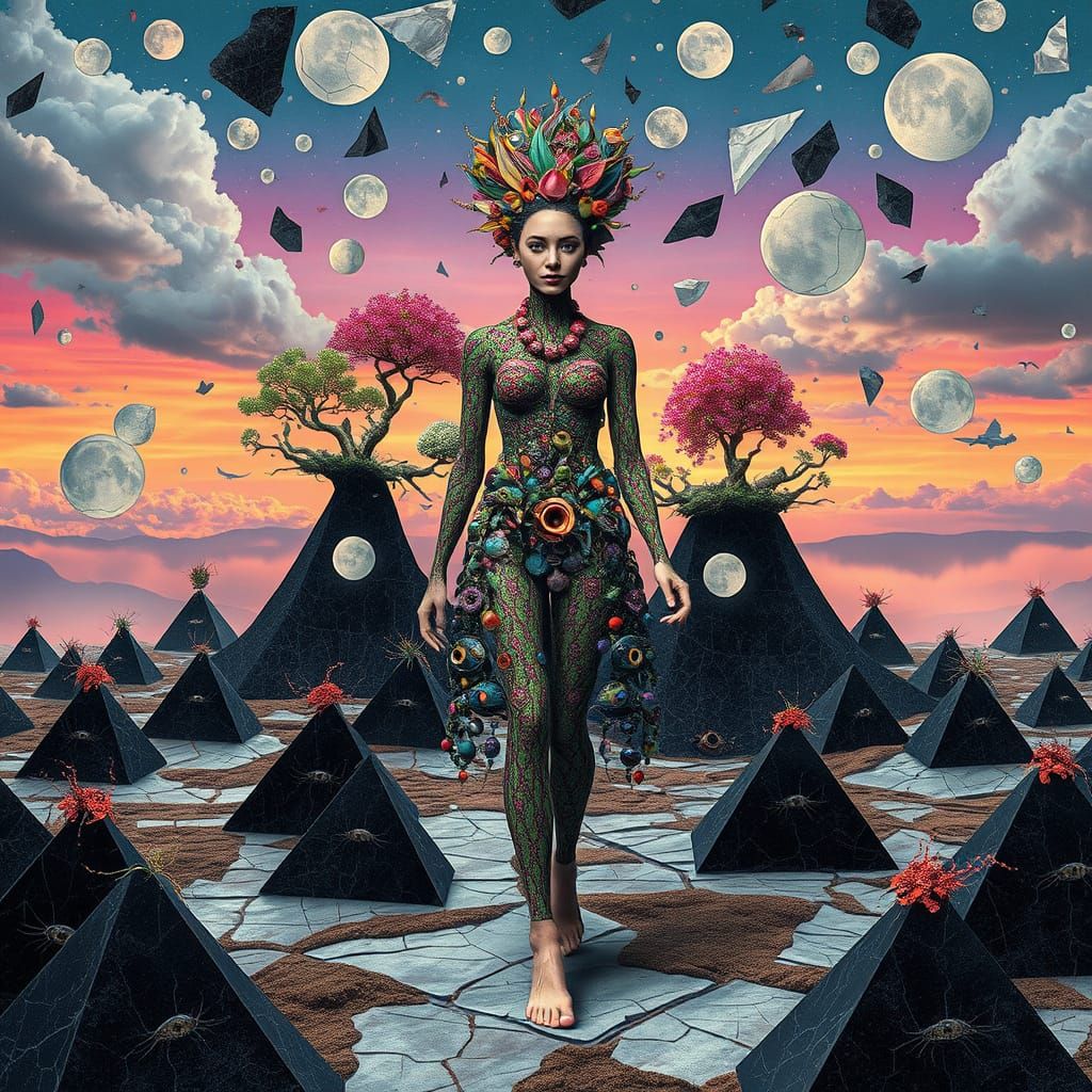 Surreal Goddess Embodies Vibrant Tool Tribes on Dotted Pyram...