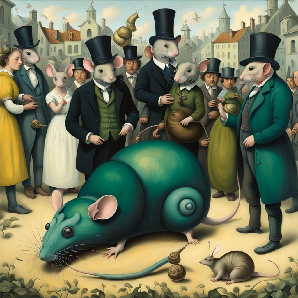 Giant Green Mouse and Snail in Surreal Scene