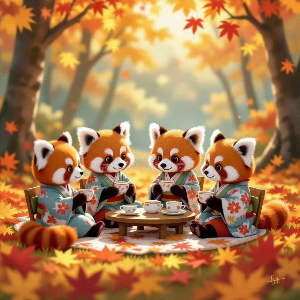 Red Pandas Enjoy Autumn Tea Party in Enchanted Forest