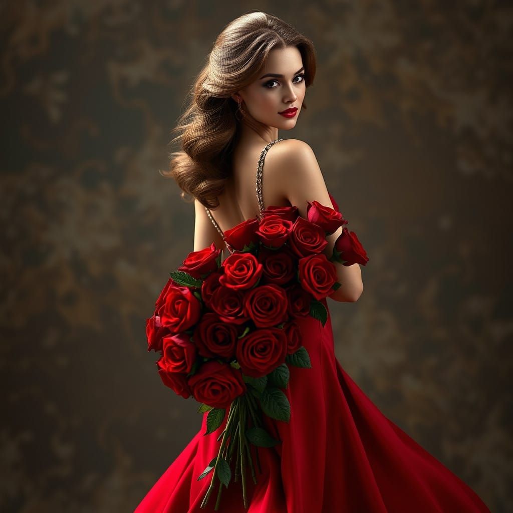 Ethereal Beauty in Resplendent Evening Gown, Holding Scarlet...