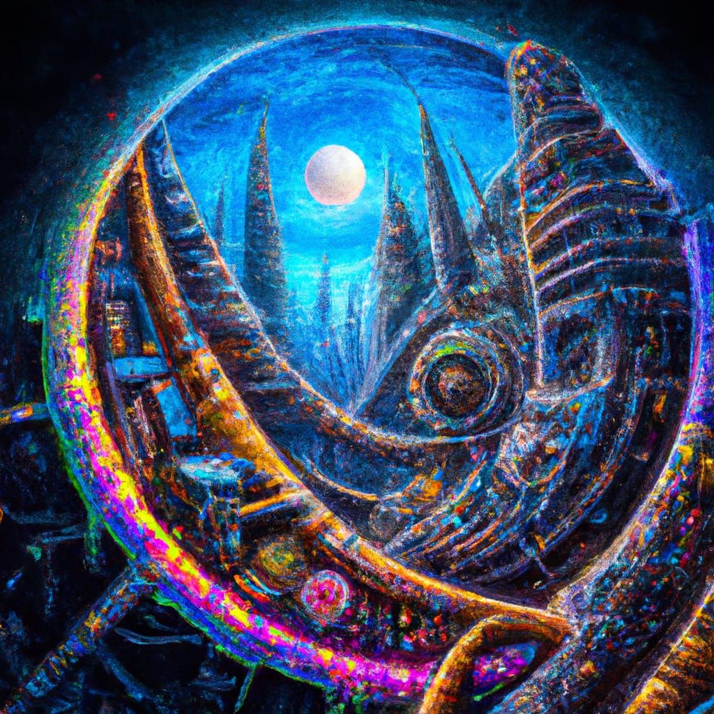 Hypnotic Steampunk Planet Over Neon Metropolis