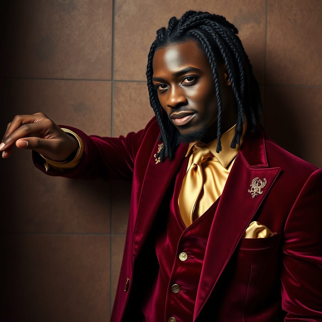 Burgundy velvet 3-piece suit with gold silk tie and gold silk shirt. Gold embroidery.