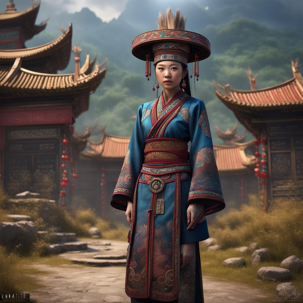 Hmong Outfit with Asian Tattoo, Detailed Matte Painting