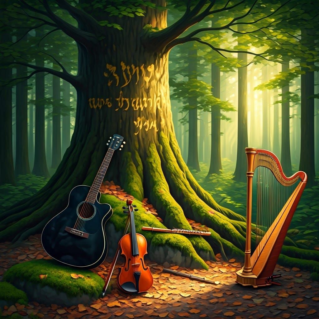 Forest Harmony: Musical Instruments in Impressionistic Style