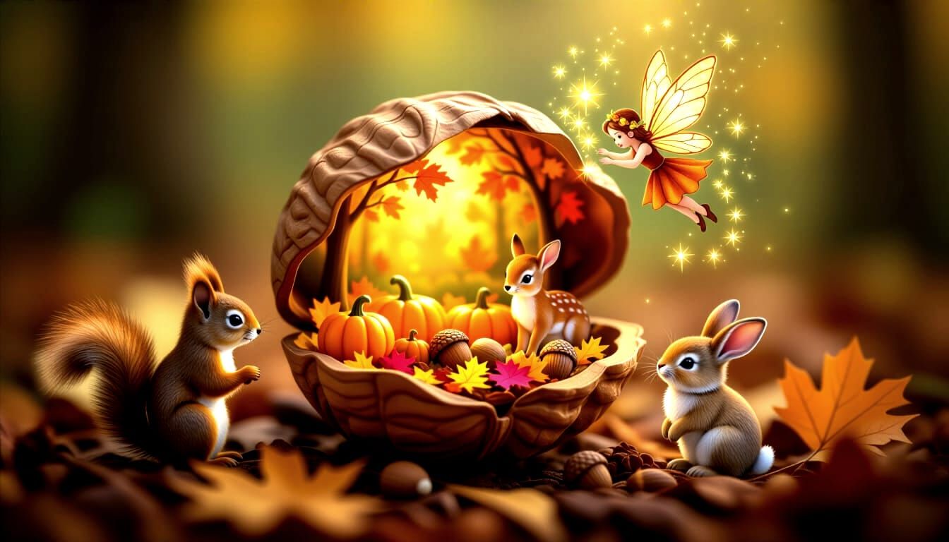 Tiny Autumn Diorama in Walnut Shell with Fairies