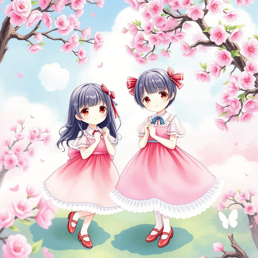 Kawaii Sisters in Whimsical Japanese Garden