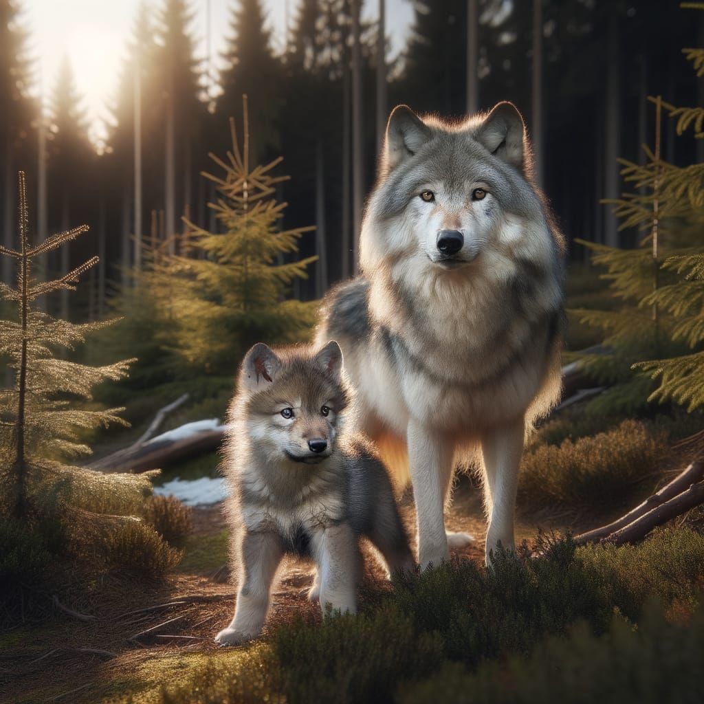 Majestic Grey Wolf in Wilderness with Pup