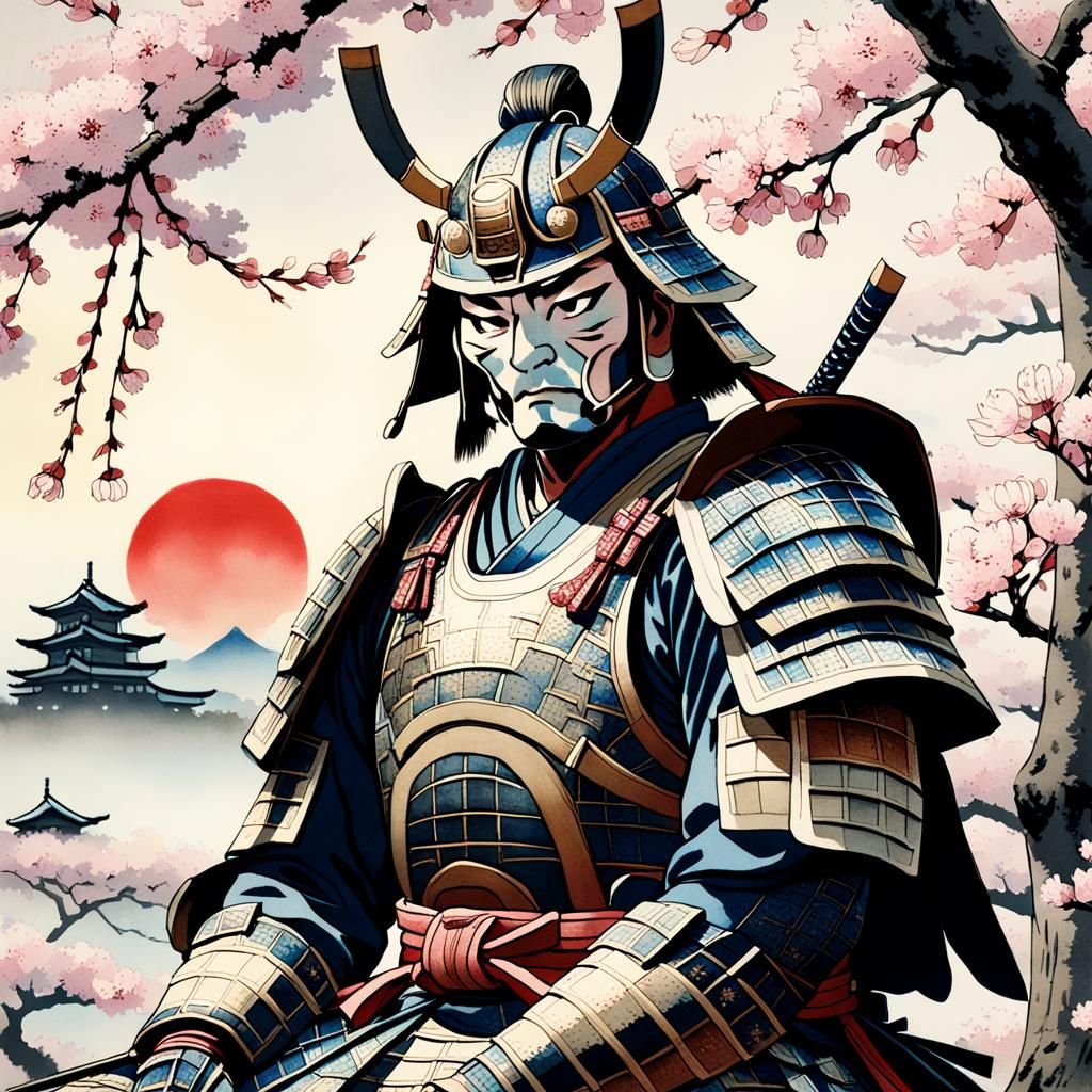 Samurai Under Cherry Tree in Ukiyo-e Style