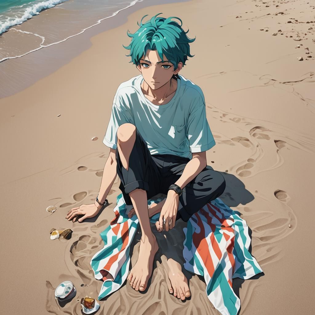 Teenage Boy with Teal Hair on Beach, Anime Style
