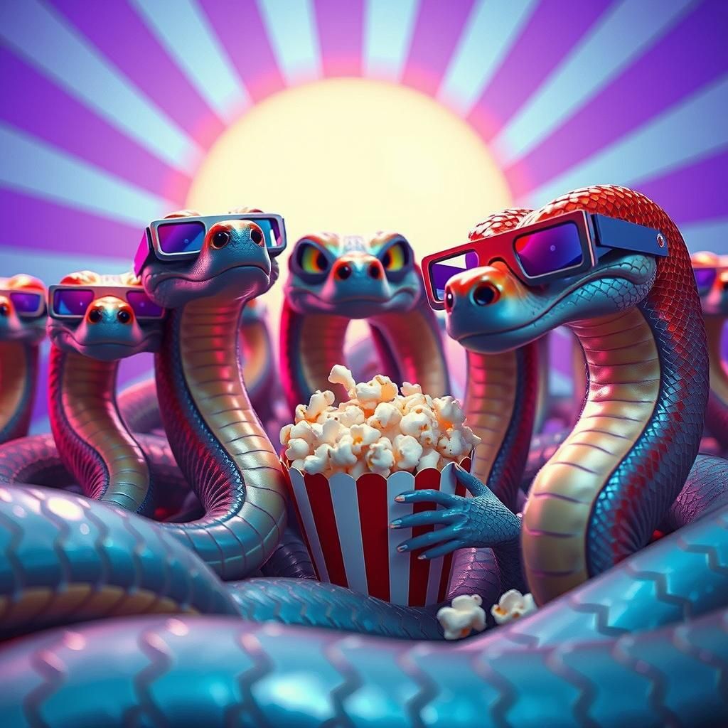 Serpents Watching a Movie in a Cinema as 3D Rendered Art