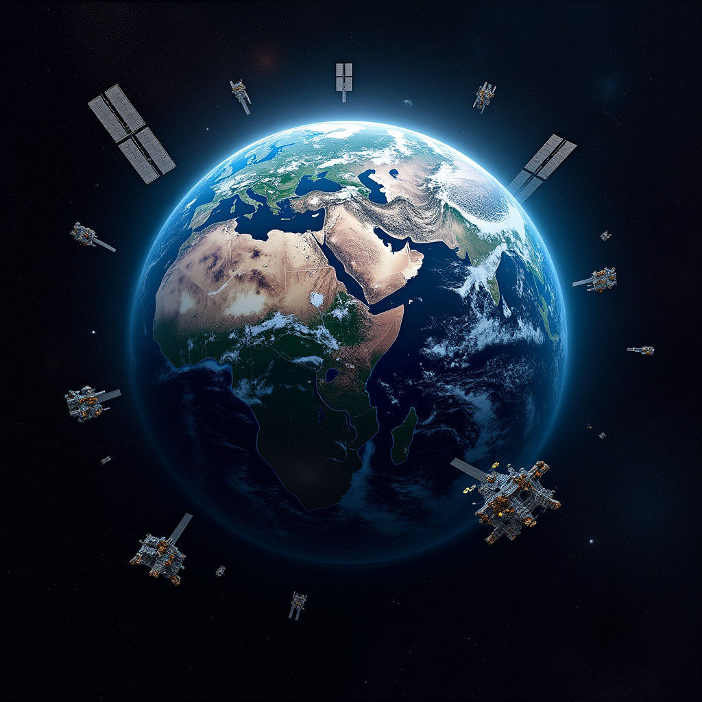 Earth Surrounded by Satellites in Futuristic Style