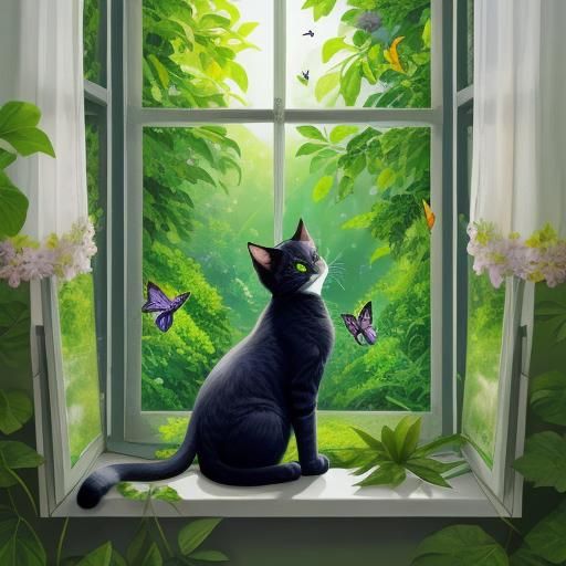 Cat Watching Butterfly in Lush Landscape