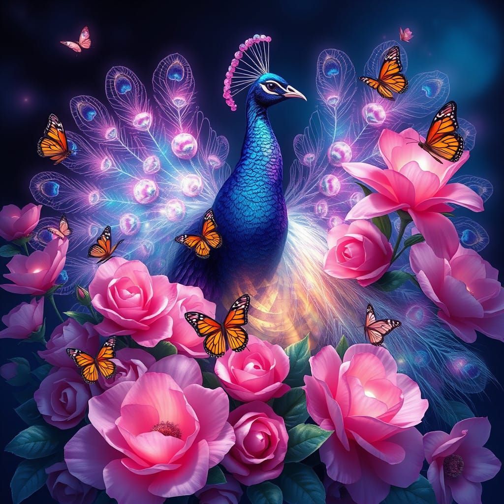 Majestic Peacock in Rose Quartz and Amethyst Plumage, Amidst...