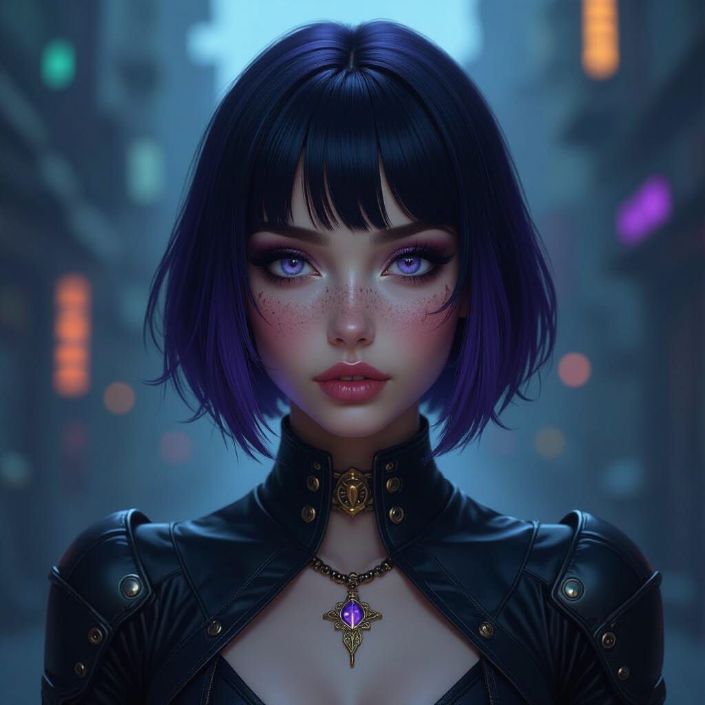Rebellious Sci-Fi Woman with Violet-Blue Eyes