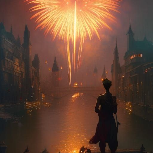 Fireworks Over 19th Century London: Dark Fantasy Art