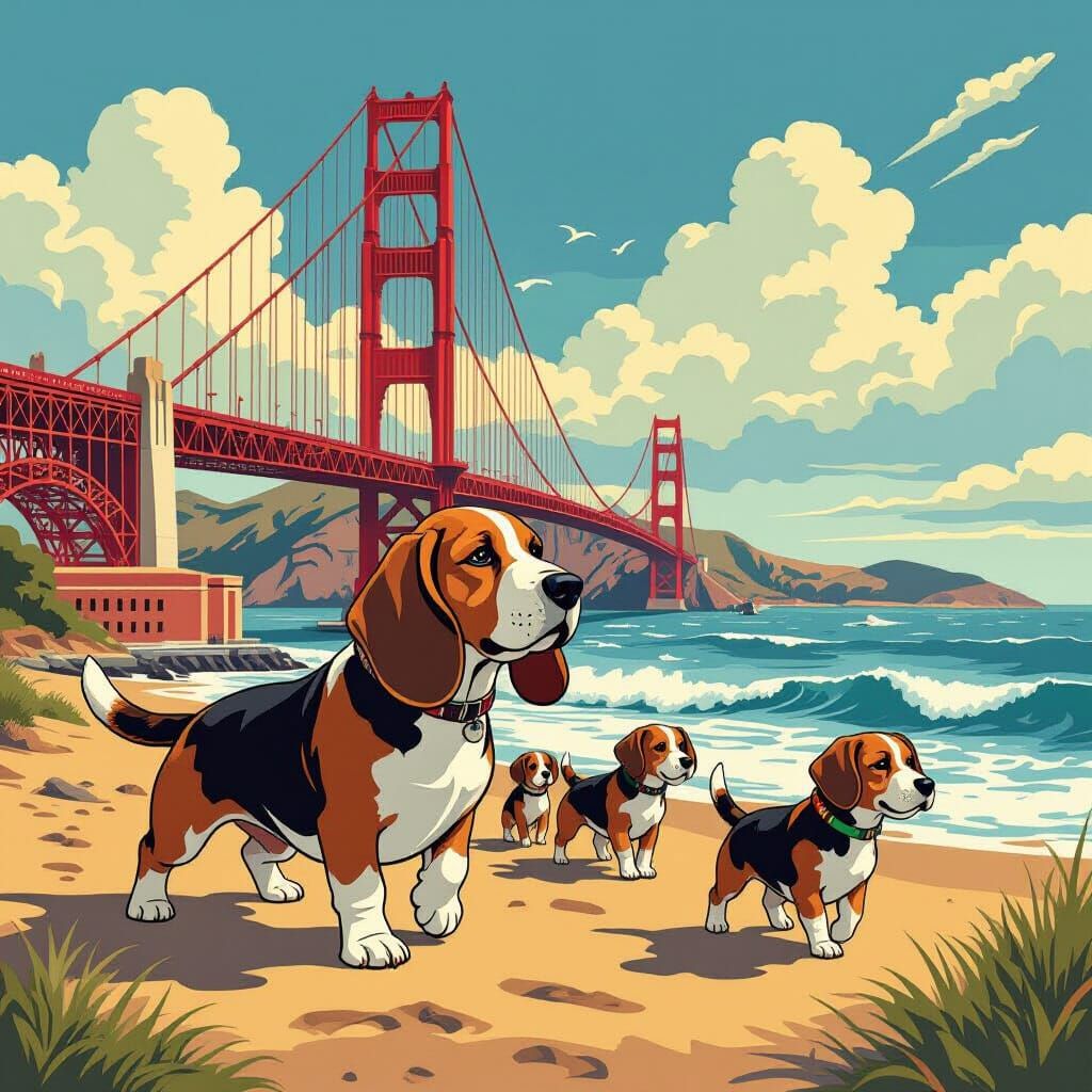 Basset Hound and Border Terriers Walk by Golden Gate Bridge ...