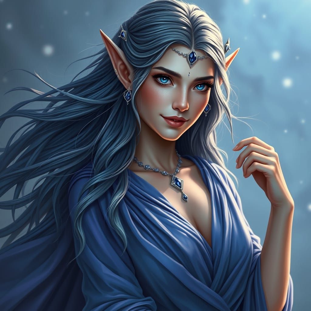 Powerful Elf Woman with Celestial Energy in Royal Blues