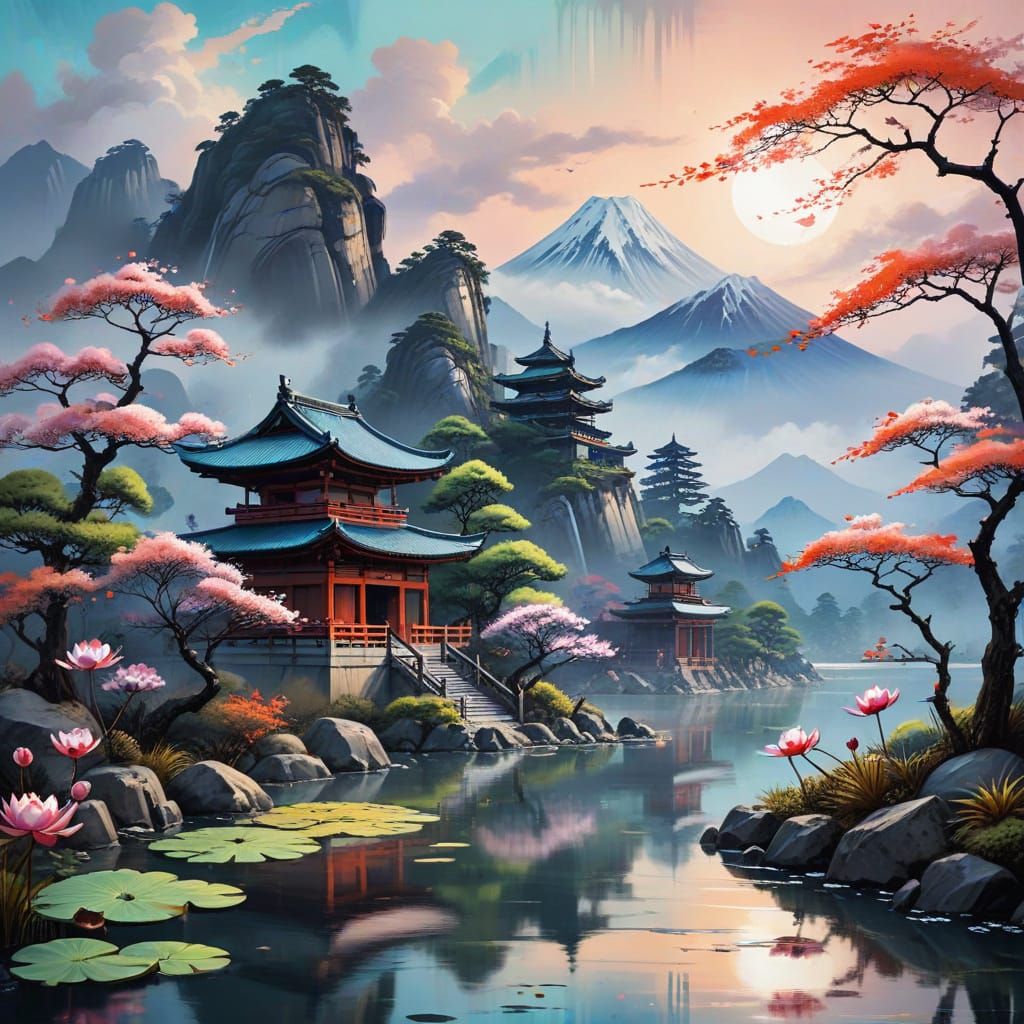 A serene ukiyo-e landscape with misty mountains, a Japanese ...