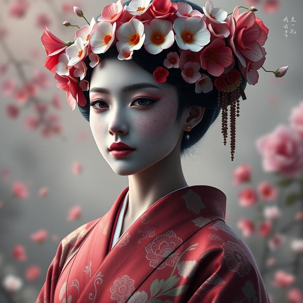Geisha Kimono Art: Floral Face in Detailed Matte Painting
