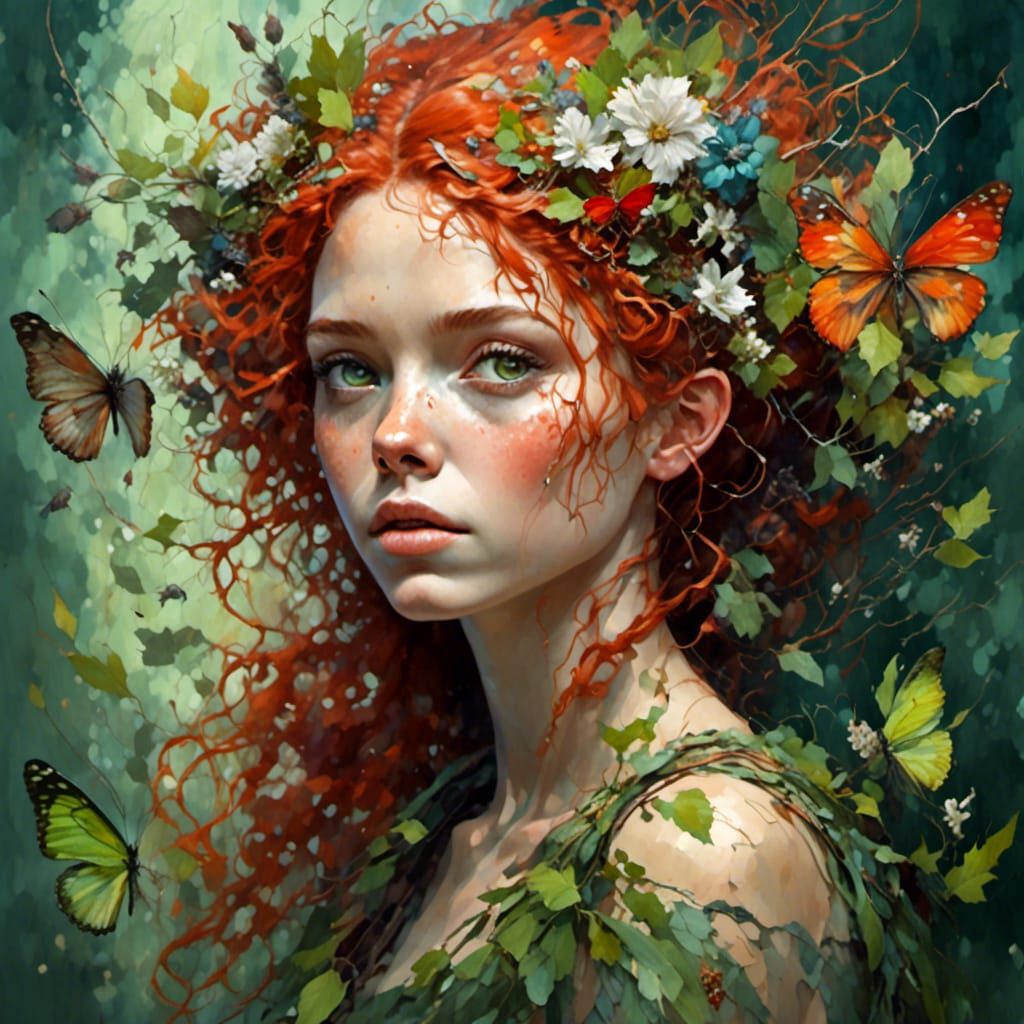 Detailed Fairy Portrait with Twigs and Flowers