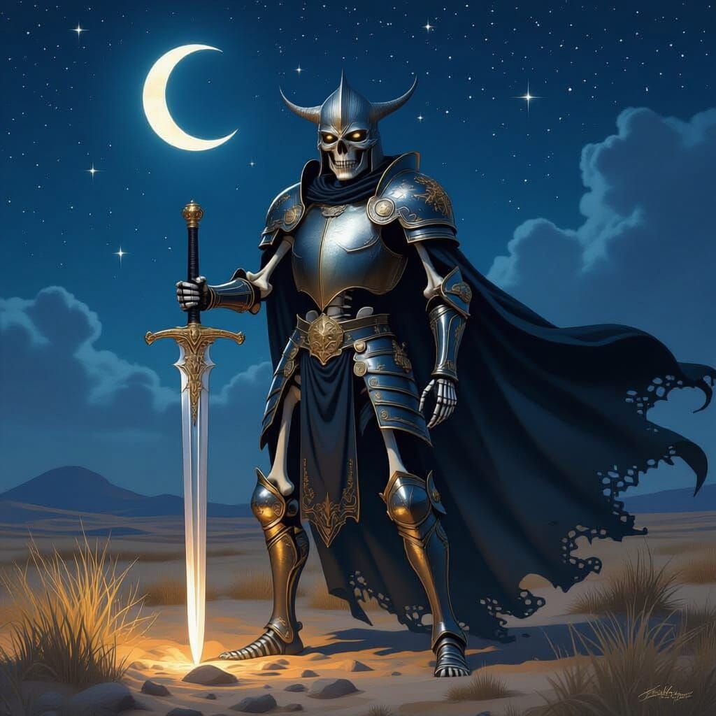 Skeleton Warrior on Starlit Savannah in Epic Fantasy Style