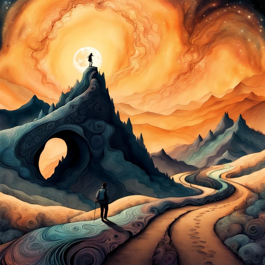 Mystical Hiker on Mountain Trail: Surreal Illustration