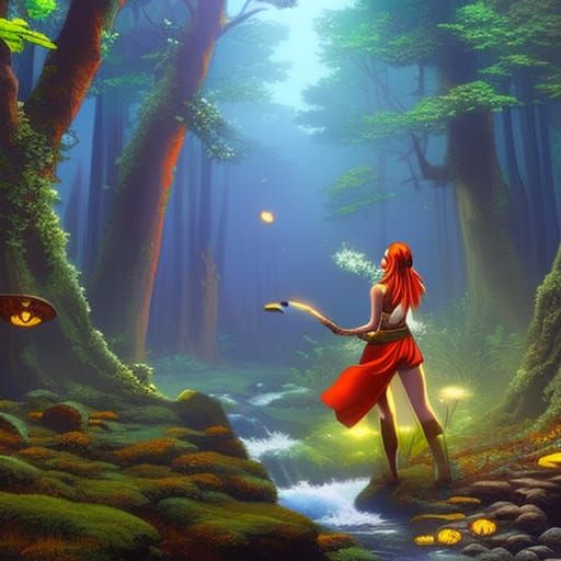 Hyperrealistic Nymph Picking Mushrooms in Forest