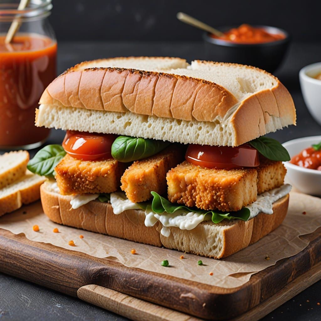 Close-up of Fish Finger Sandwich with Tomato Sauce on White ...