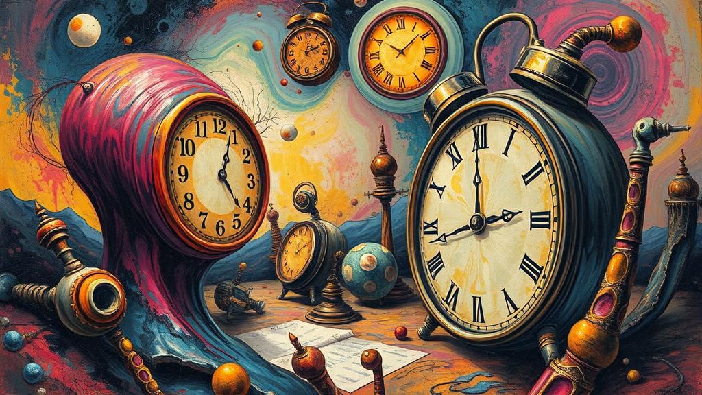 Surreal Dreamscape of Melting Clocks in Mixed Media Style