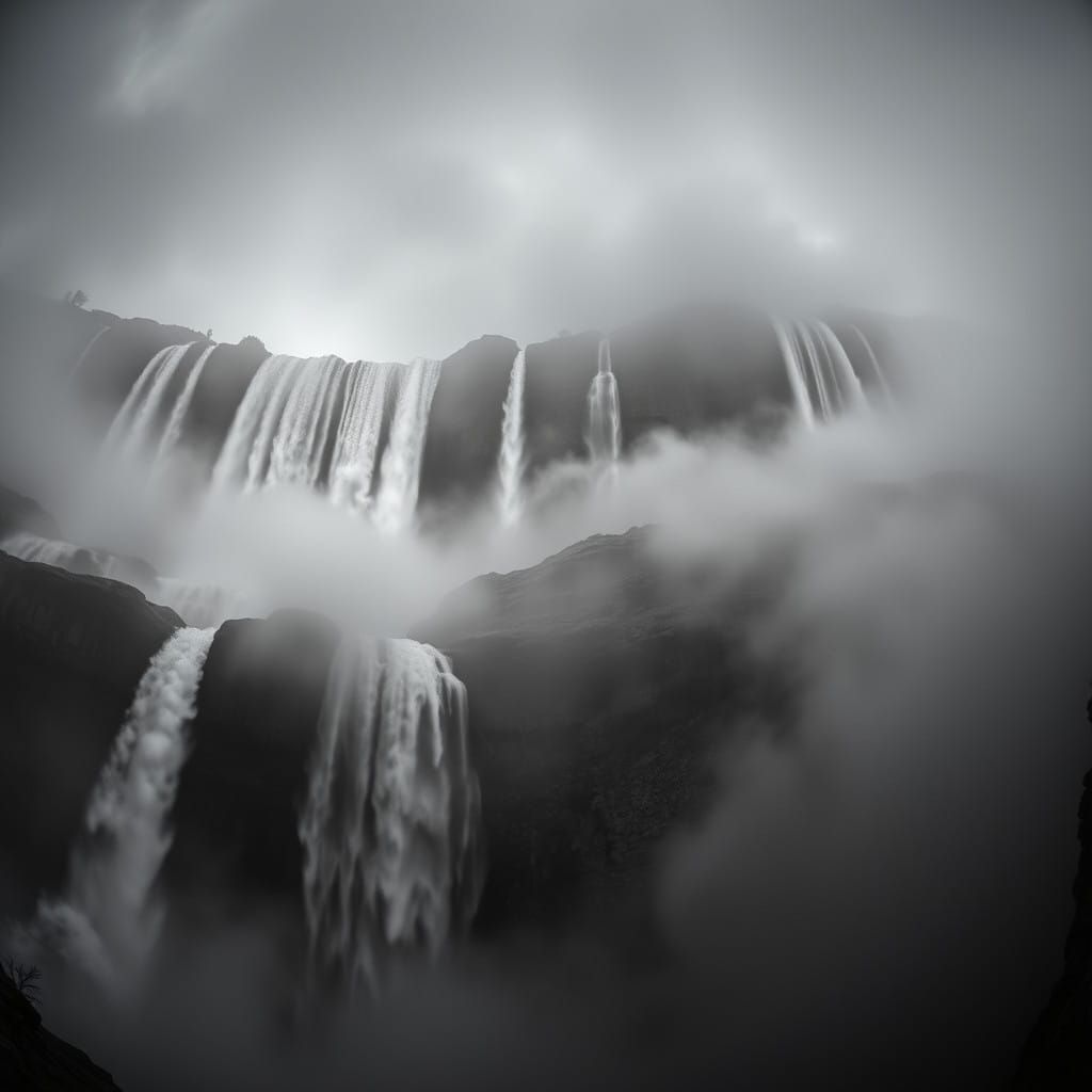 Early 20th-Century Cinematic Waterfall in Moody Panorama