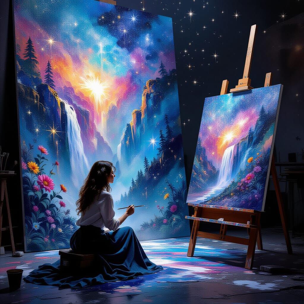 Artist Paints Cosmic Waterfall in Watercolor Collage Style