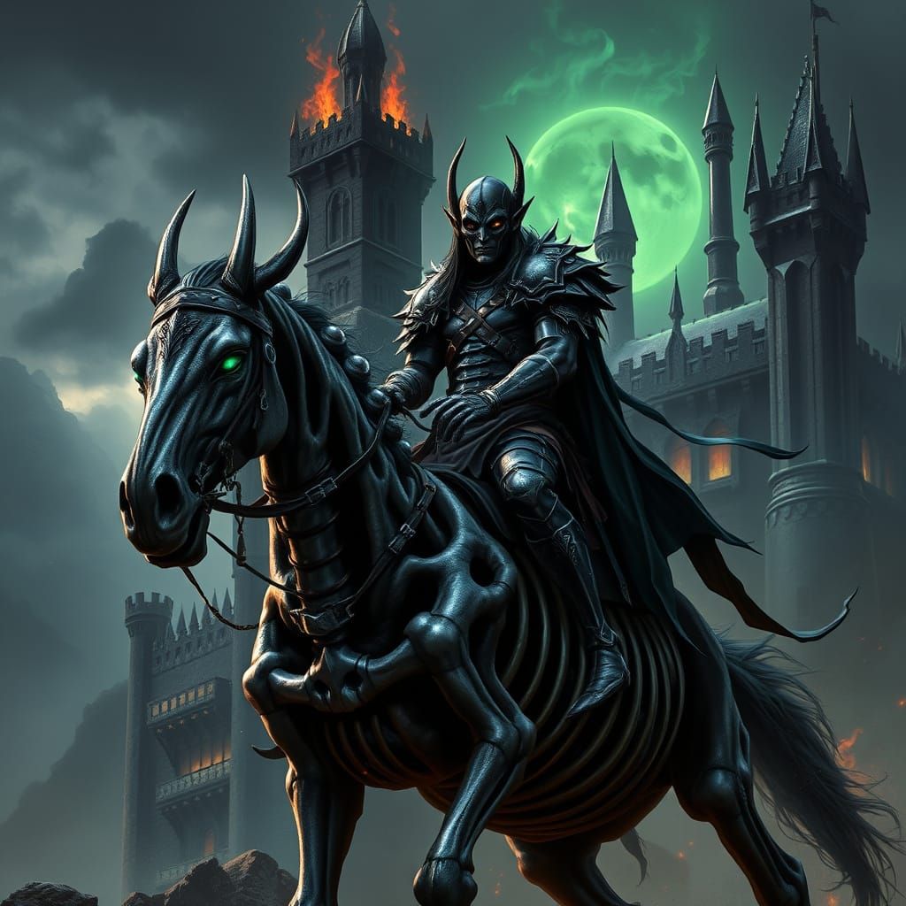 Dark Elf Warrior Rides Bony Horse Before Black Castle Ablaze...