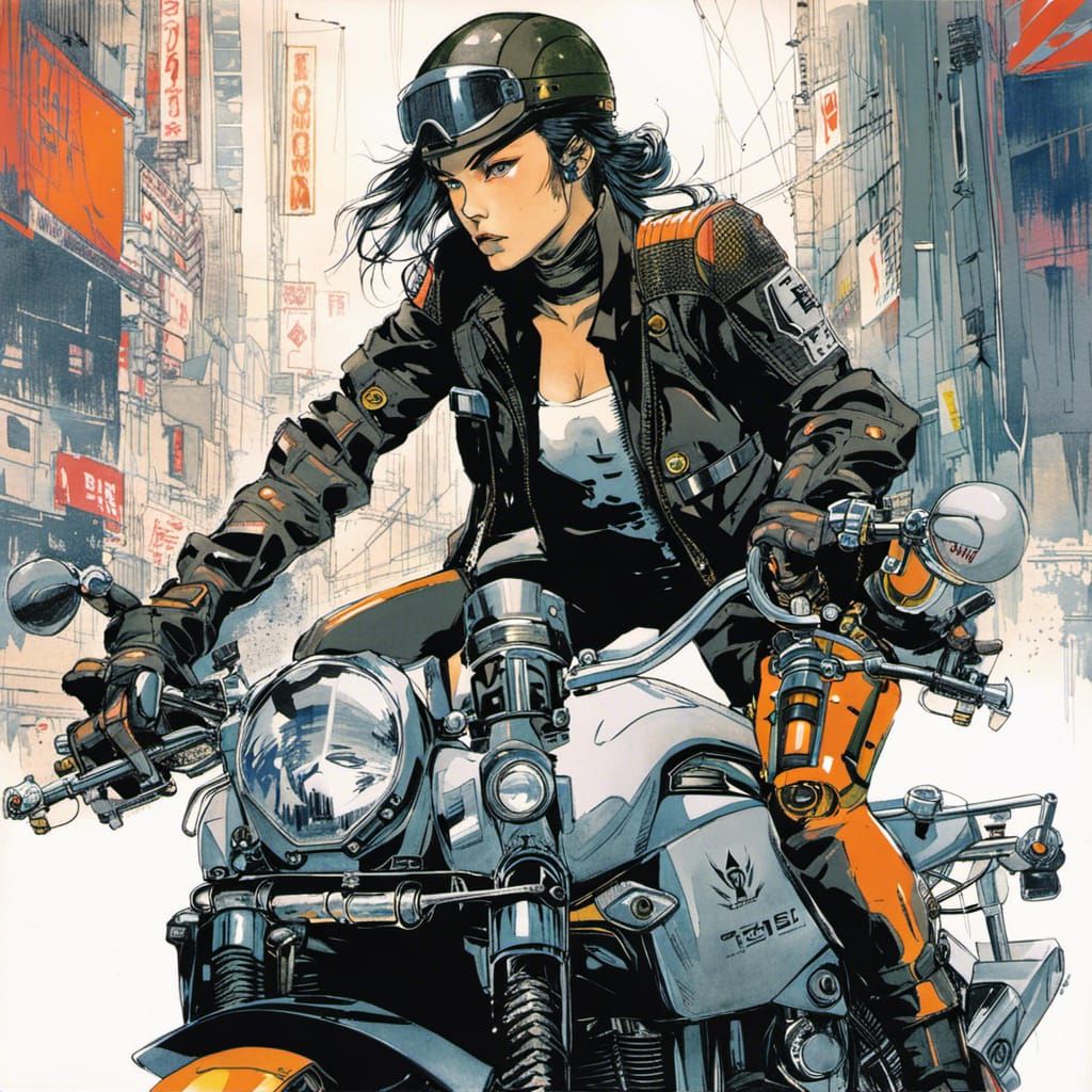 Cyberpunk Girl on Motorbike in Manga Style