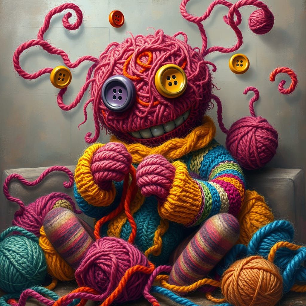 Vibrant Yarn Monster Knitting a Sweater in Whimsical Dreamli...