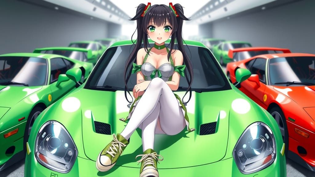 Anime Woman on Green Car, Digital Art