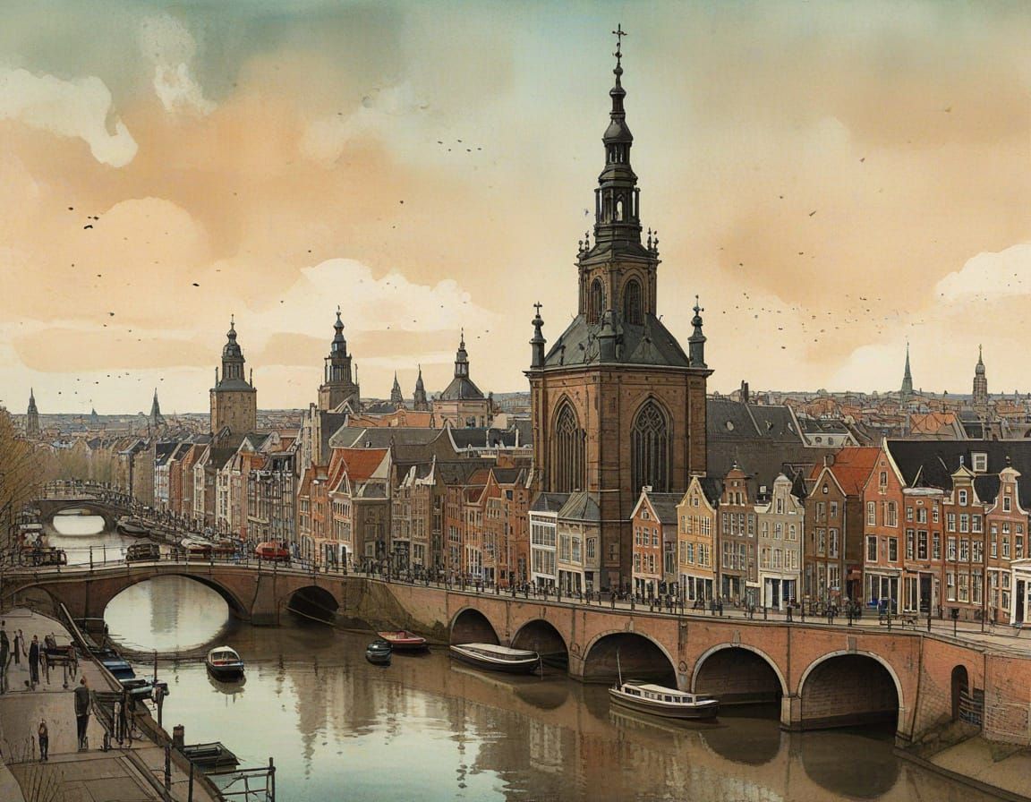 Whimsical Panoramic View of Amsterdam's Nieuwe Kerk