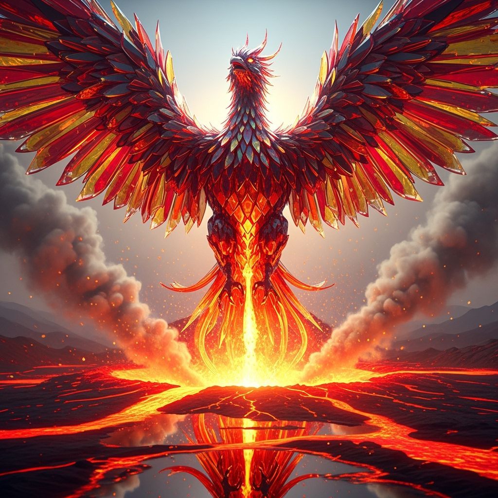Glass Phoenix Rises From Fiery Volcano