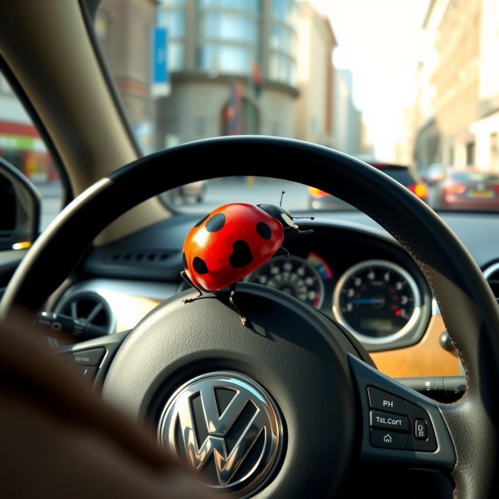 Ladybug Drives a VW Beetle Through City